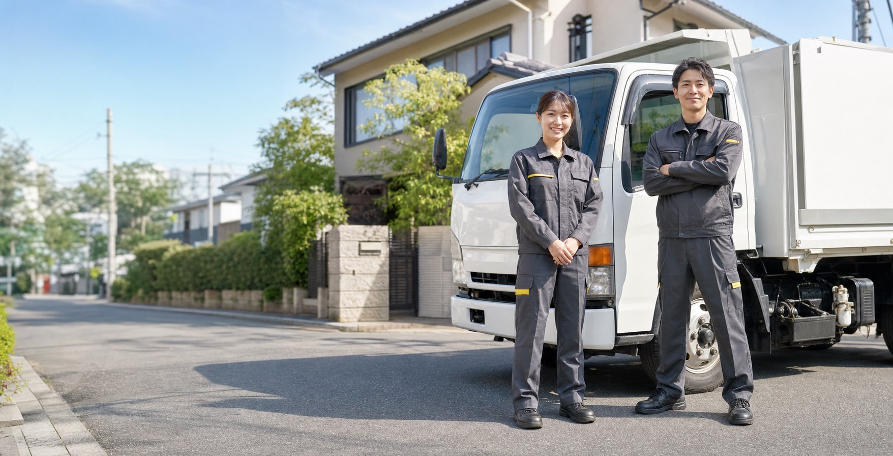 回収車の前に立つ不用品回収スタッフ